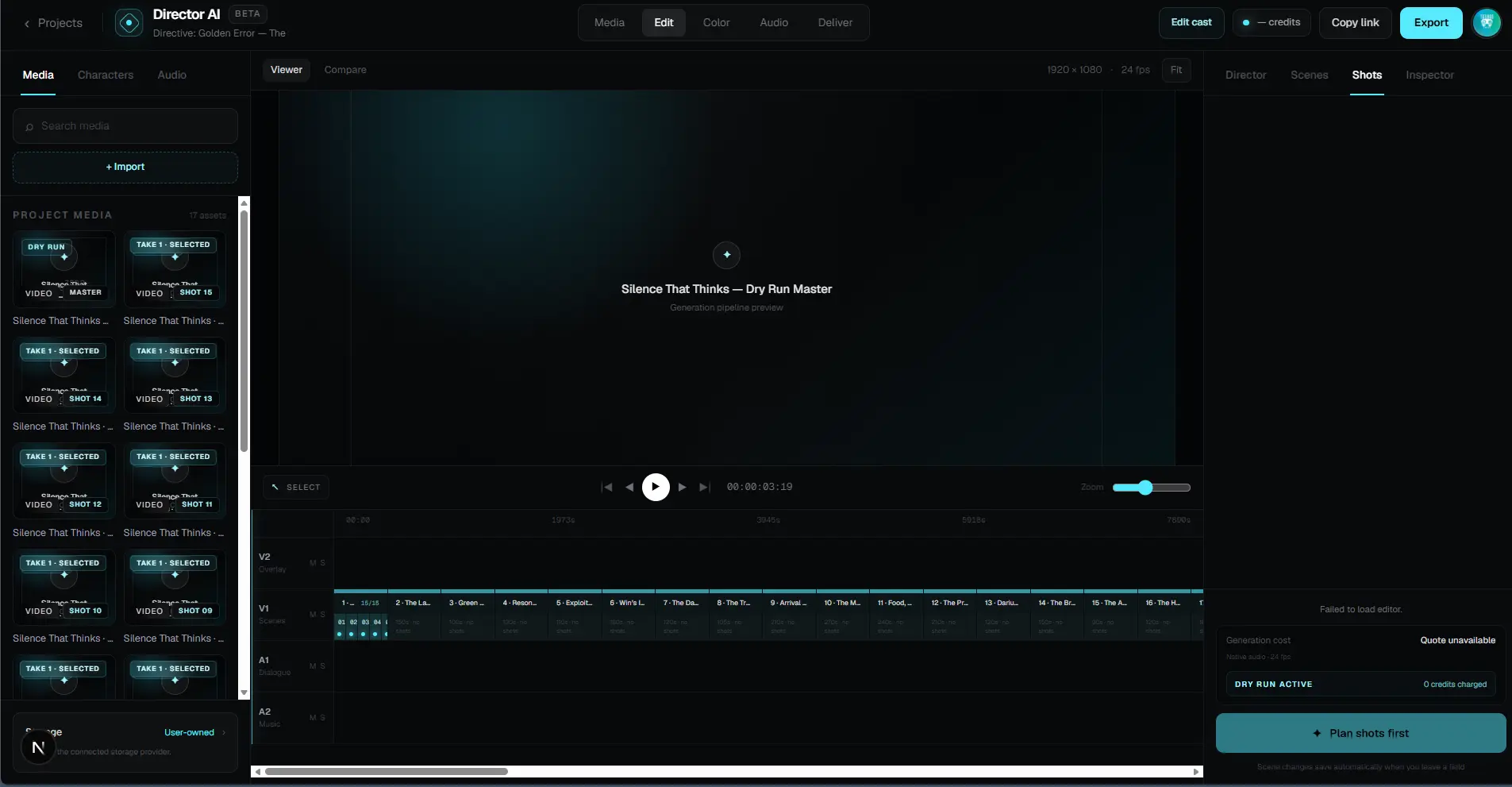 The real Director AI editing workspace with media, viewer, timeline, and shot controls